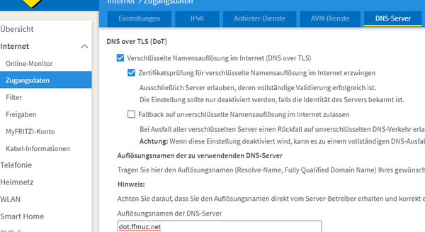 DoT-Einstellungen in Fritzbox