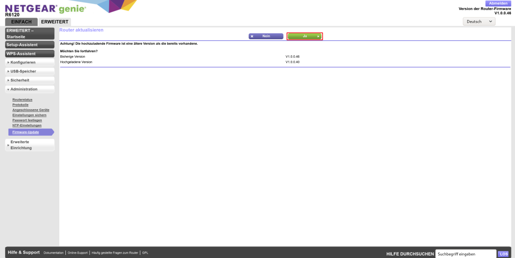 Bild: Screenshoot der WEB-UI der Routerkonfiguration Netgear 6120 
